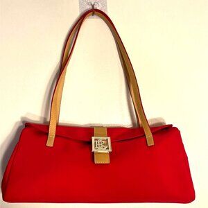 Lauren Ralph Lauren True Red Nylon Pochette Shoulder Bag Tan Straps Logo Buckle